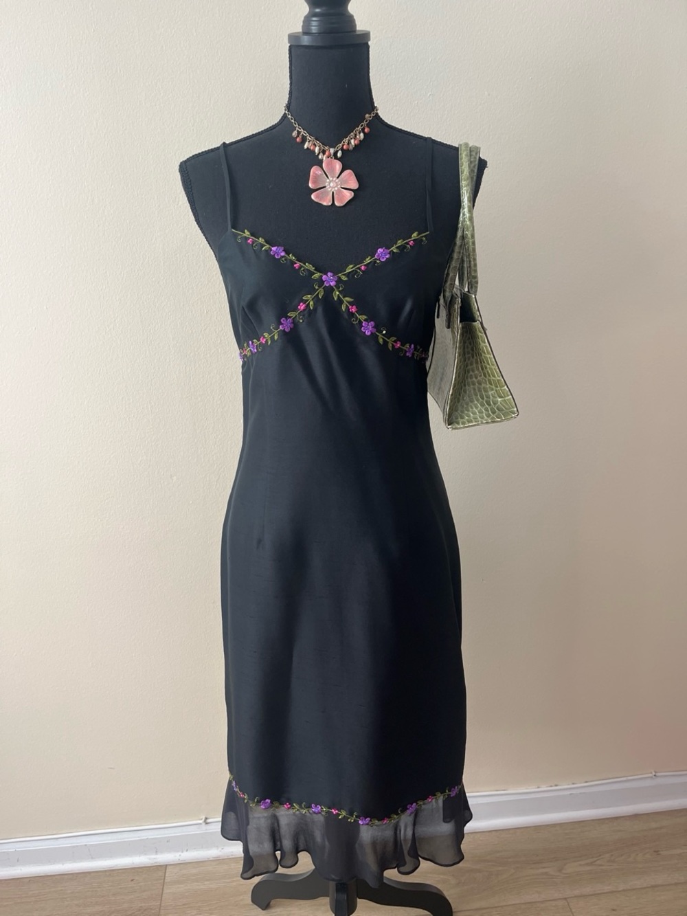 Ann Taylor Black Midi Dress with Purple Floral Embroidery